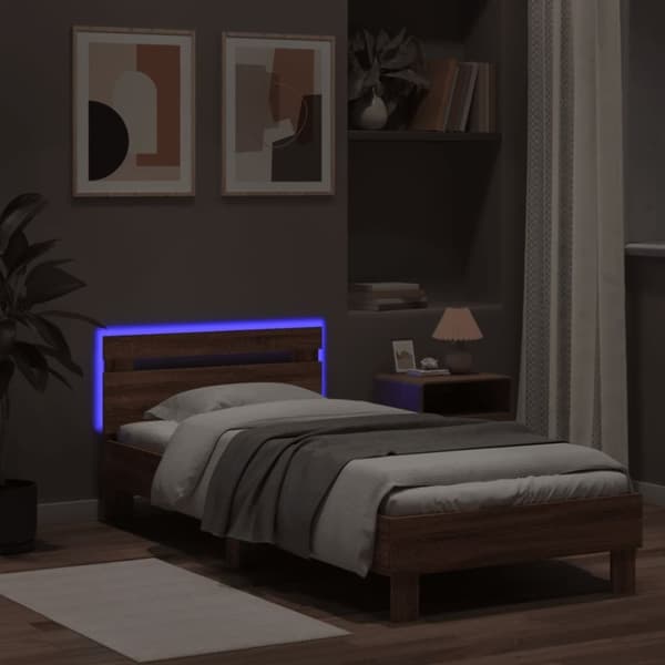 Sängynrunko päädyllä ja LED-valoilla ruskea tammi 75x190 cm