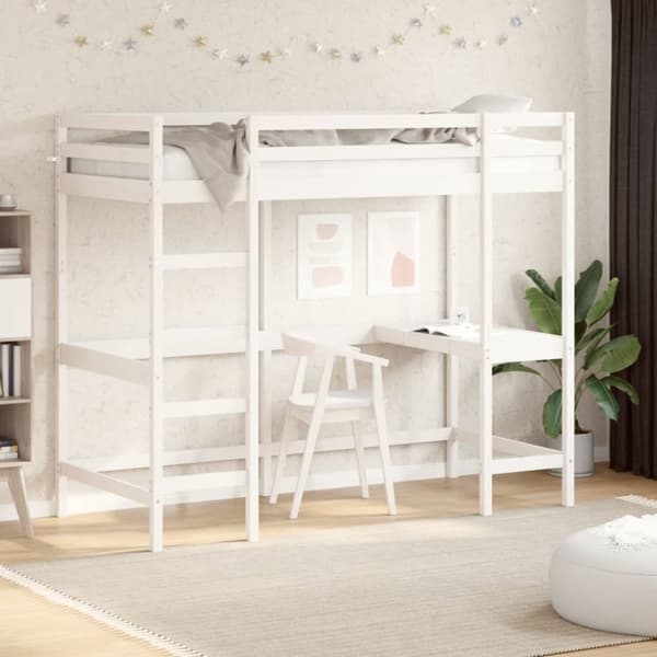 højseng med skrivebord 90x190 cm massivt fyrretræ hvid