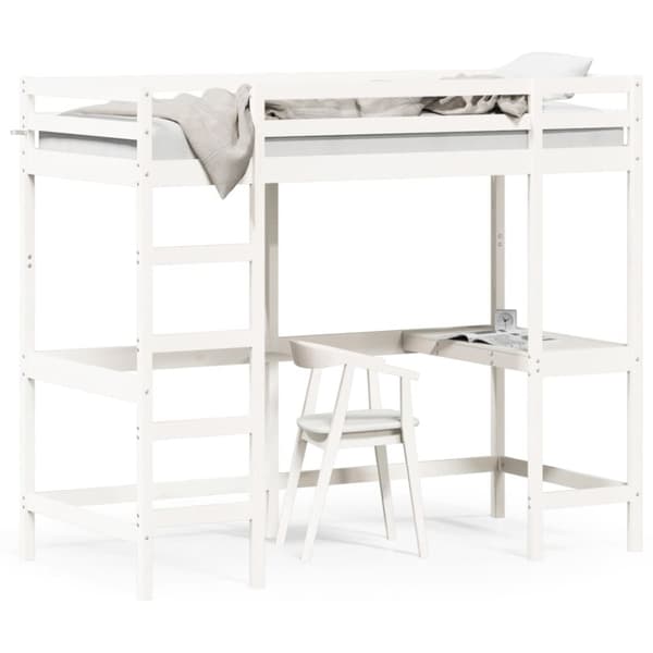 højseng med skrivebord 90x190 cm massivt fyrretræ hvid