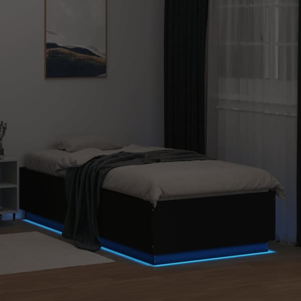 sengeramme med LED-lys 90x200 cm konstrueret træ sort