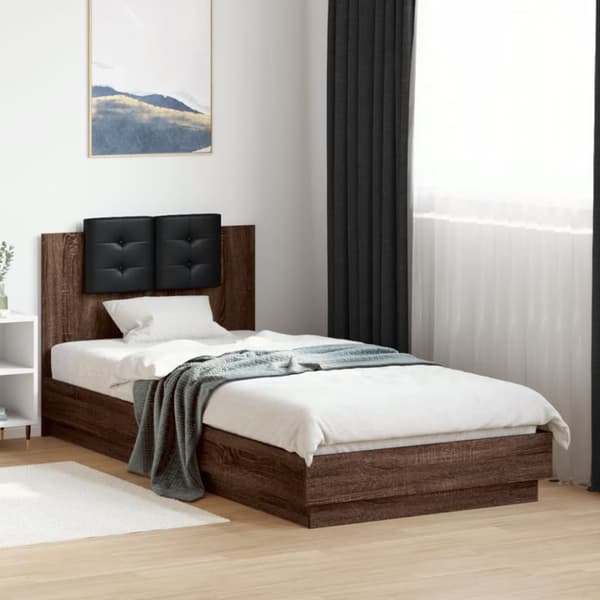 sengeramme med sengegavl 100x200 cm konstrueret træ brunt eg
