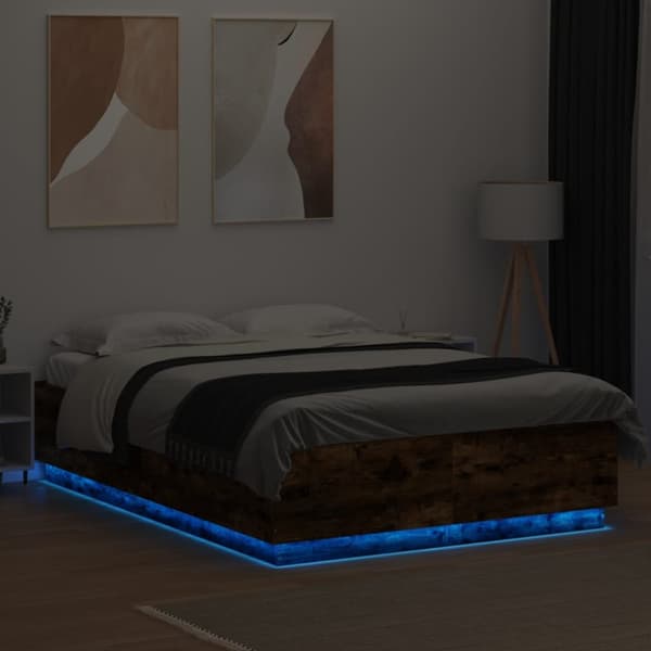 sengeramme med LED-lys 160x200 cm konstrueret træ røget eg