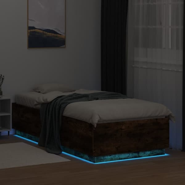 Sängynrunko LED-valoilla savutammi 100x200 cm tekninen puu