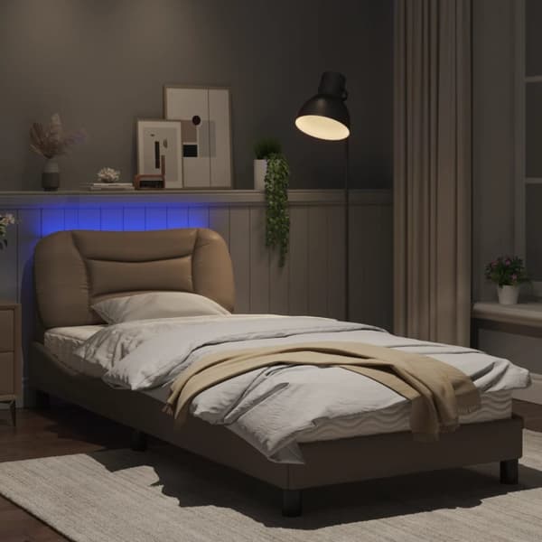 sengeramme med LED-lys 80x200 cm kunstlæder cappuccinofarvet