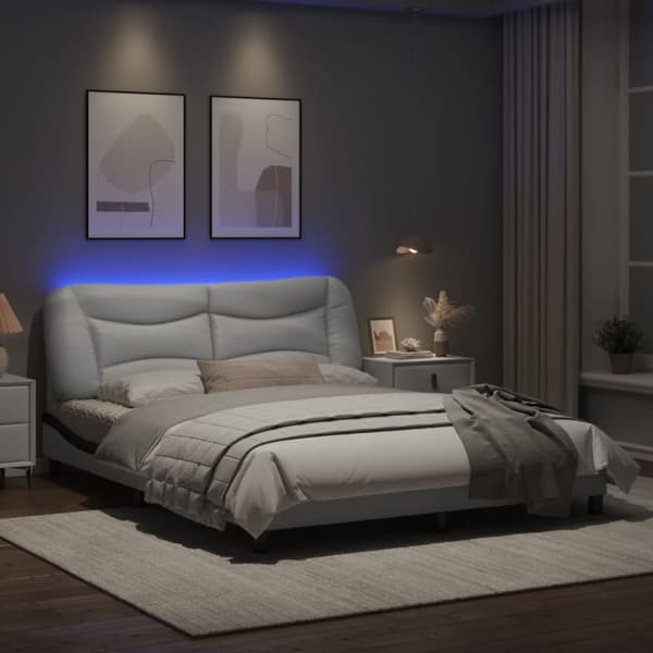 sengestel med LED-lys 160x200 cm kunstlæder hvid og sort