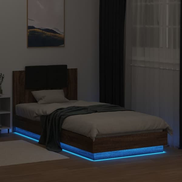 Sängynrunko päädyllä ja LED-valoilla ruskea tammi 90x200 cm