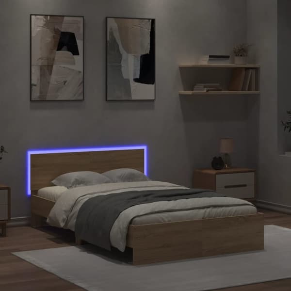 sengeramme med sengegavl og LED-lys 135x190 cm sonoma-eg