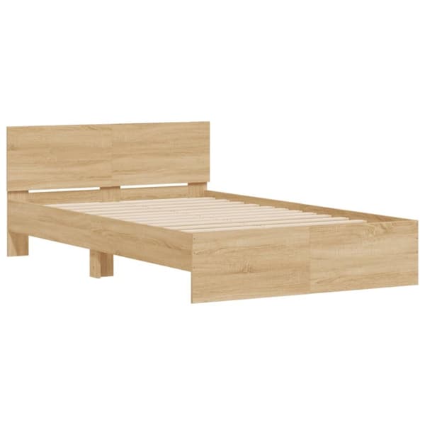 sengeramme med sengegavl og LED-lys 135x190 cm sonoma-eg