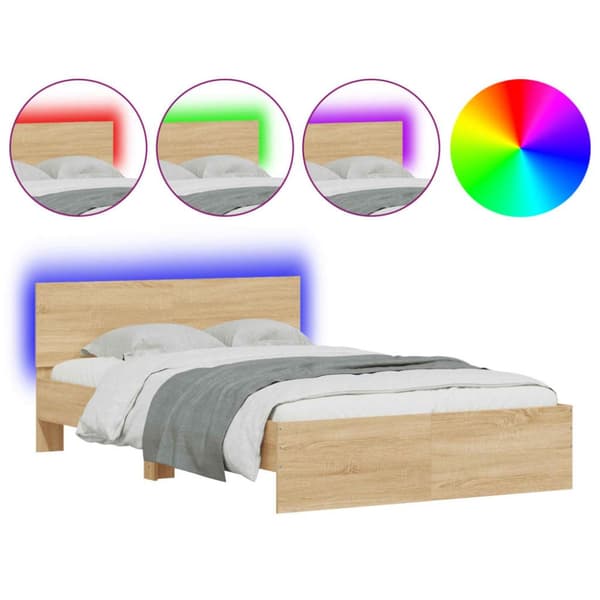 sengeramme med sengegavl og LED-lys 135x190 cm sonoma-eg