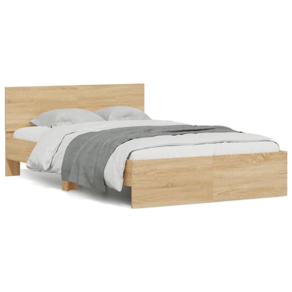 sengeramme med sengegavl og LED-lys 135x190 cm sonoma-eg