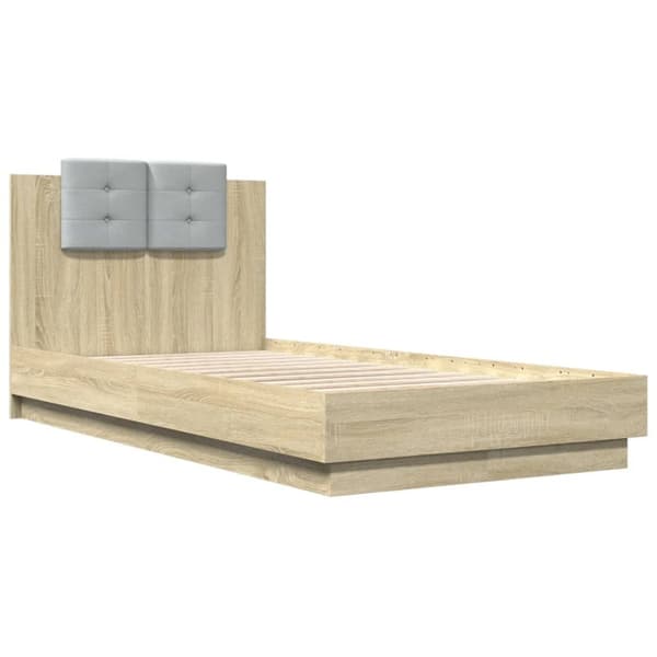 sengeramme med sengegavl og LED-lys 90x190 cm sonoma-eg