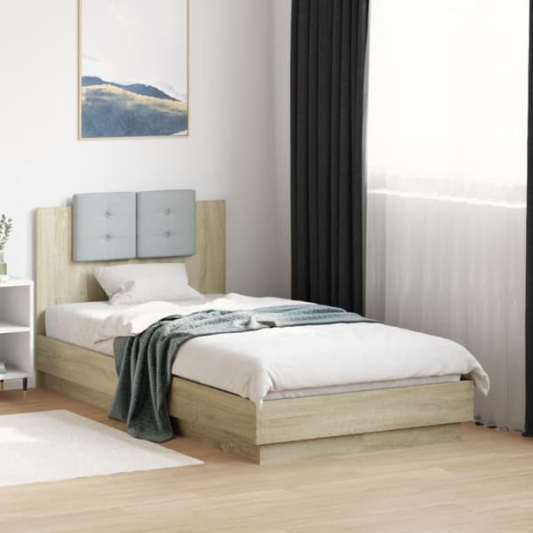 sengeramme med sengegavl og LED-lys 90x190 cm sonoma-eg