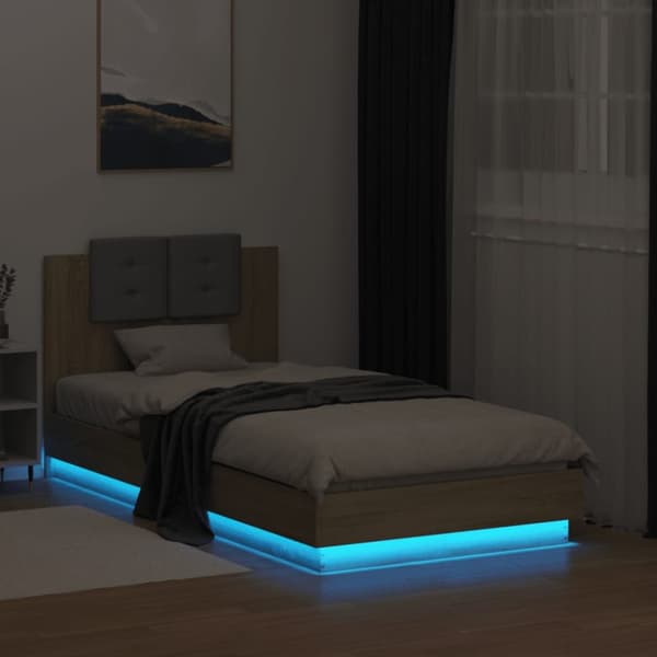 sengeramme med sengegavl og LED-lys 90x190 cm sonoma-eg