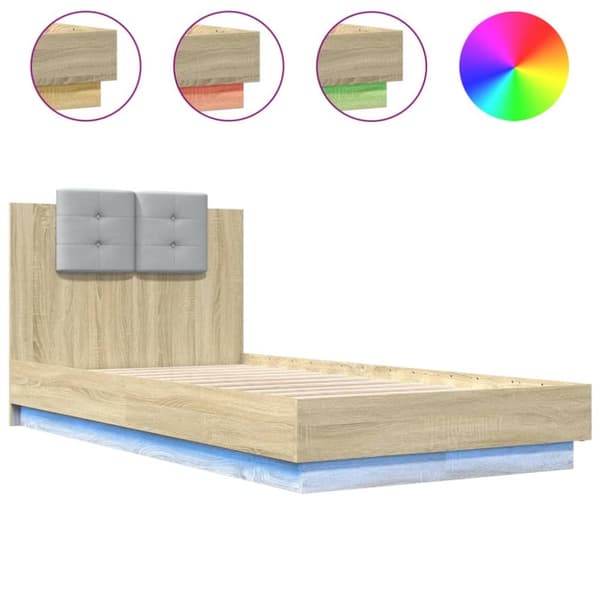 sengeramme med sengegavl og LED-lys 90x190 cm sonoma-eg