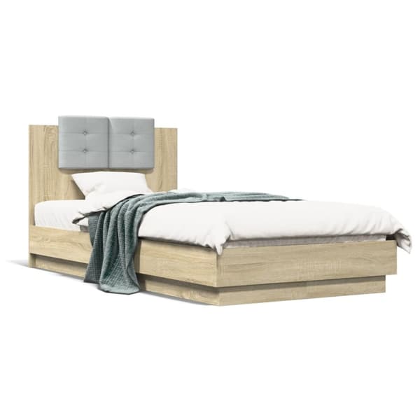 sengeramme med sengegavl og LED-lys 90x190 cm sonoma-eg