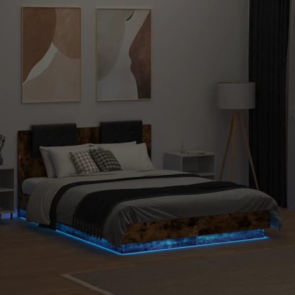sengeramme med sengegavl og LED-lys 120x190 cm røget egetræ