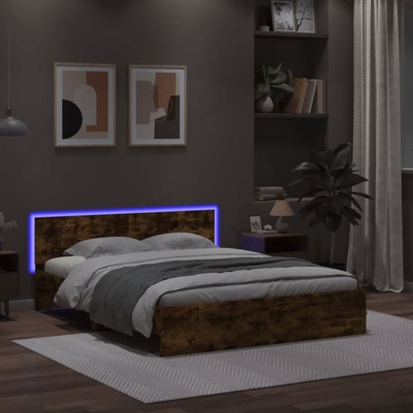 sengeramme med sengegavl og LED-lys 160x200 cm røget egetræ