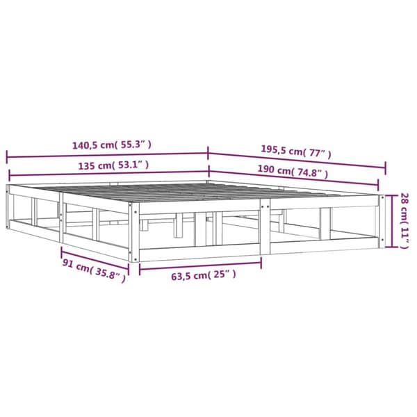 sengeramme 135x190 cm dobbelt massivt træ hvid