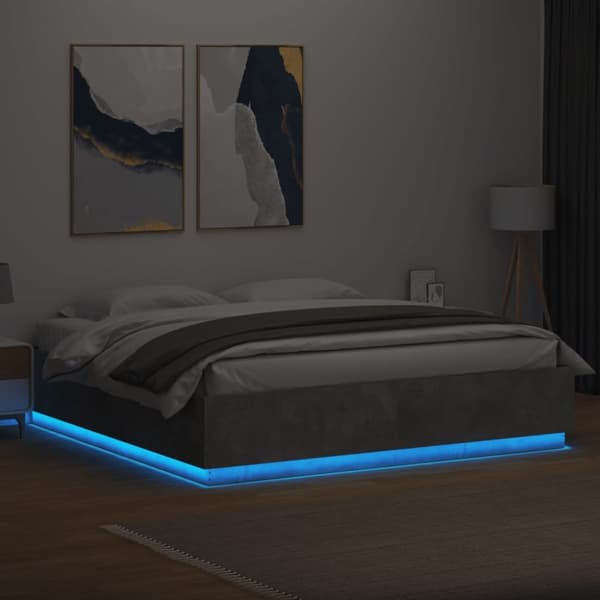 sengeramme med LED-lys 200x200 cm konstrueret træ betongrå
