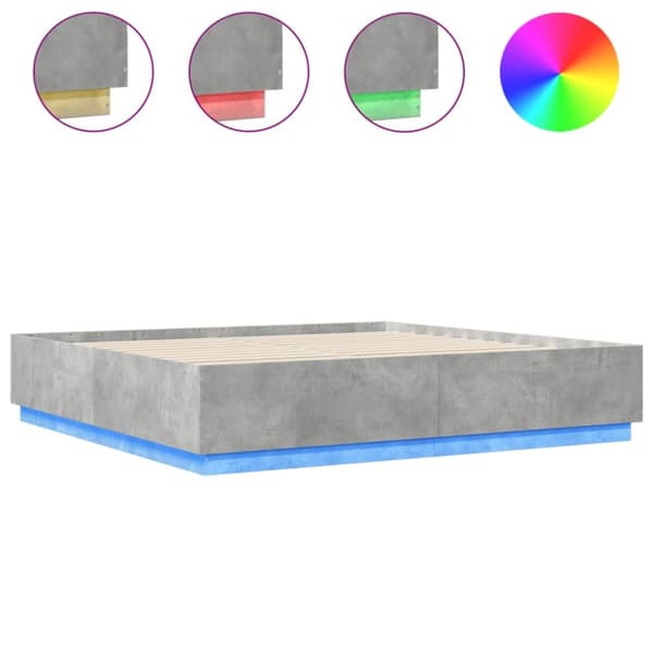 sengeramme med LED-lys 200x200 cm konstrueret træ betongrå