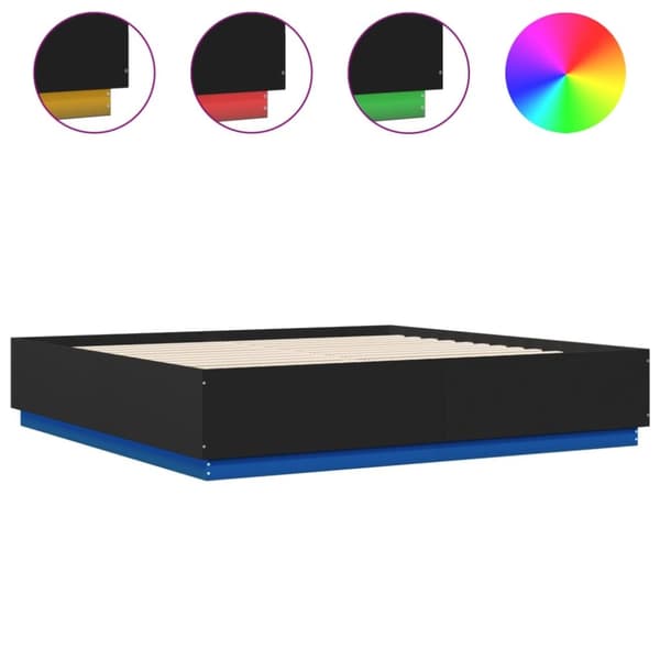 Sängynrunko LED-valoilla musta 200x200 cm tekninen puu