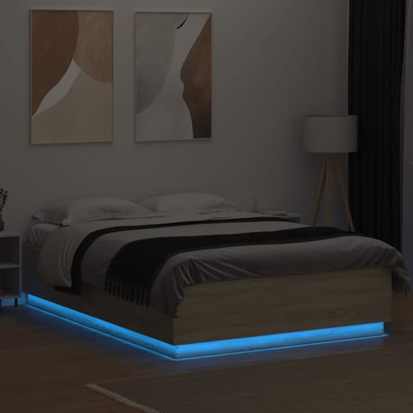 sengeramme med LED-lys 160x200 cm konstrueret træ sonoma-eg
