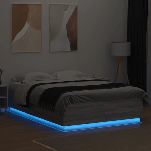 sengeramme med LED-lys 120x200 cm konstrueret træ grå sonoma-eg