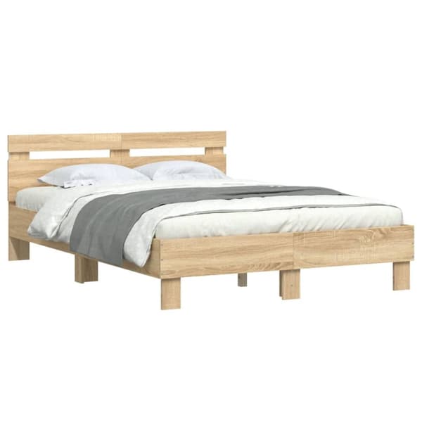 sengeramme med sengegavl og LED-lys 135x190 cm sonoma-eg