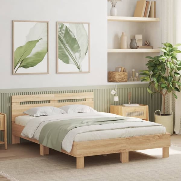 sengeramme med sengegavl og LED-lys 135x190 cm sonoma-eg