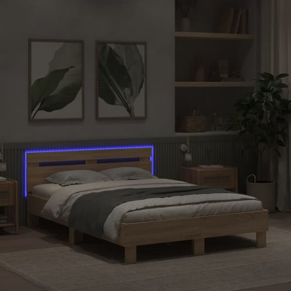 sengeramme med sengegavl og LED-lys 135x190 cm sonoma-eg