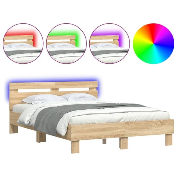 sengeramme med sengegavl og LED-lys 135x190 cm sonoma-eg