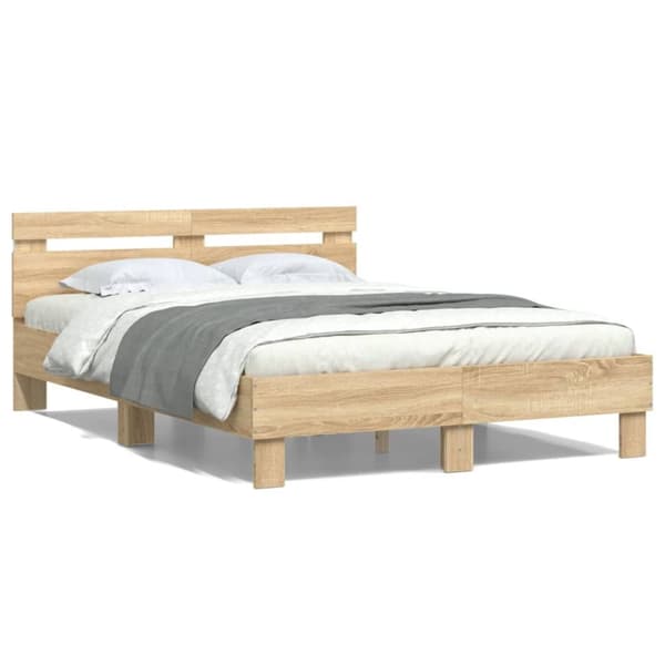 sengeramme med sengegavl og LED-lys 135x190 cm sonoma-eg