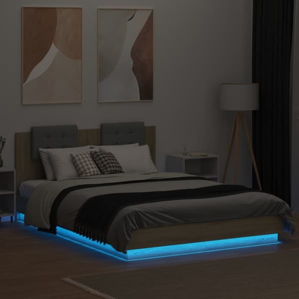 sengeramme med sengegavl og LED-lys 150x200 cm sonoma-eg