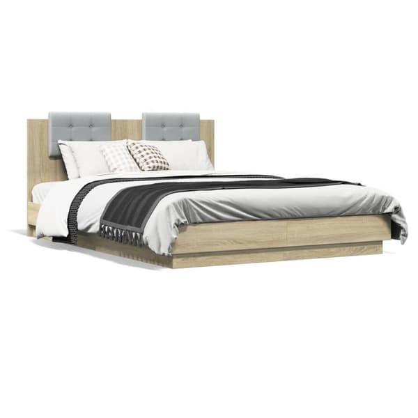 sengeramme med sengegavl og LED-lys 150x200 cm sonoma-eg