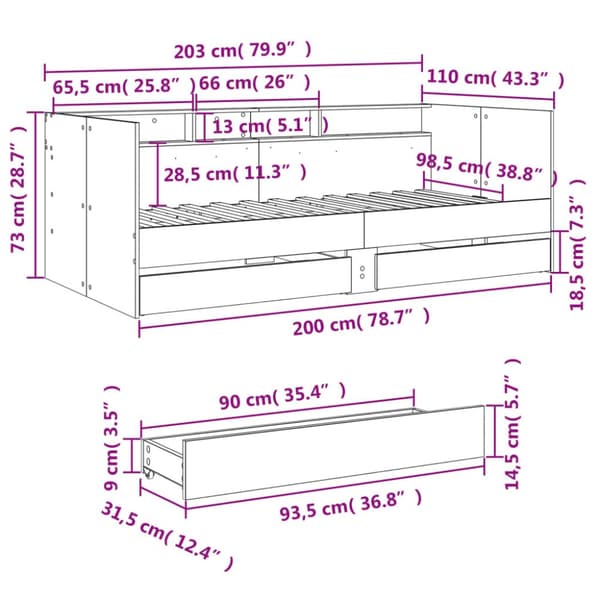 Dagbädd med lådor rökfärgad ek 100x200 cm konstruerat trä