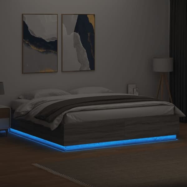 sengeramme med LED-lys 180x200 cm konstrueret træ grå sonoma-eg