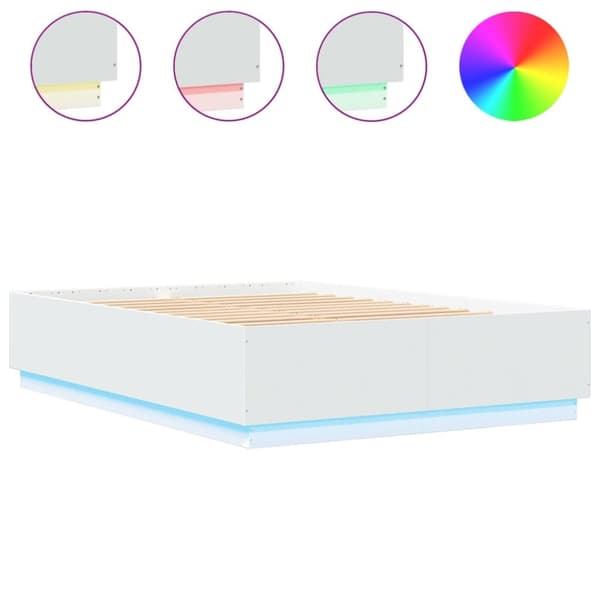 Sängram med LEDs vit 140x200 cm konstruerad trä