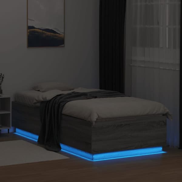 sengeramme med LED-lys 100x200 cm konstrueret træ grå sonoma-eg