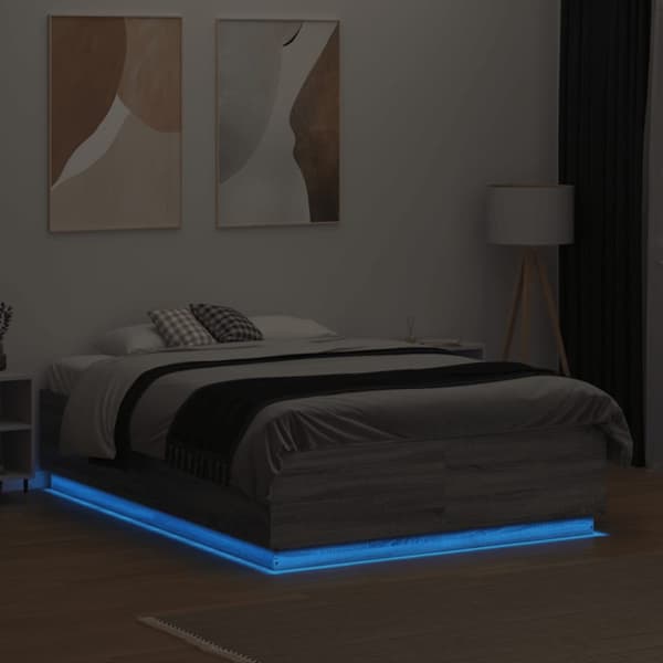 Sängram med LEDs grå sonoma 120x190 cm konstruerat trä