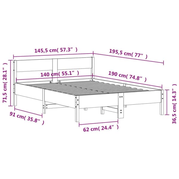 sengeramme uden madras 140x190 cm massivt fyrretræ hvid