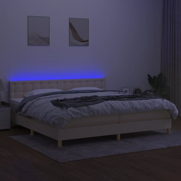 kontinentalseng med LED-lys 200x200 cm stof cremefarvet
