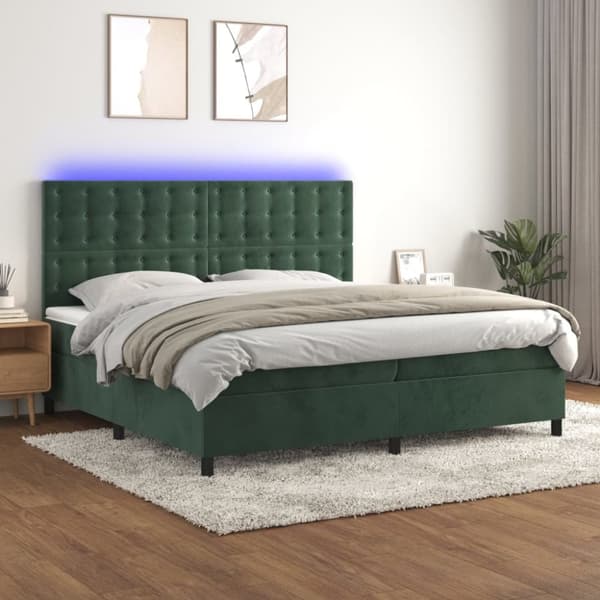 kontinentalseng med LED-lys 200x200 cm fløjl mørkegrøn