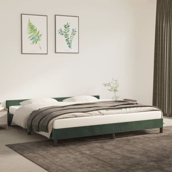 sengeramme med sengegavl 200x200 cm fløjl mørkegrøn