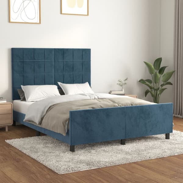 sengeramme med sengegavl 140x200 cm fløjl mørkeblå