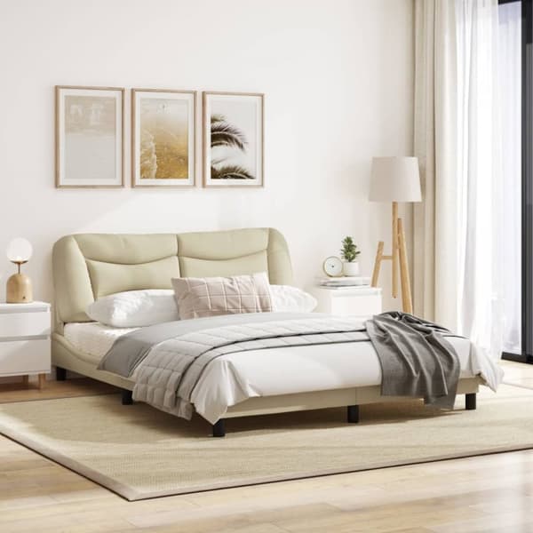 sengeramme med sengegavl 160x200 cm stof cremefarvet
