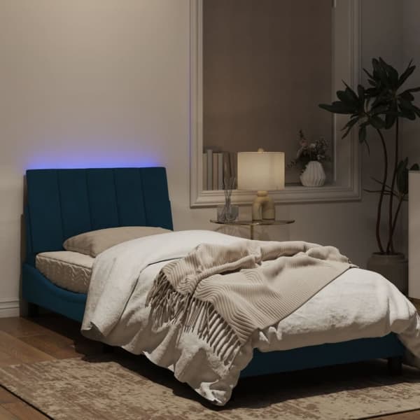 Sängram med LED-belysning blå 90x190 cm sammet