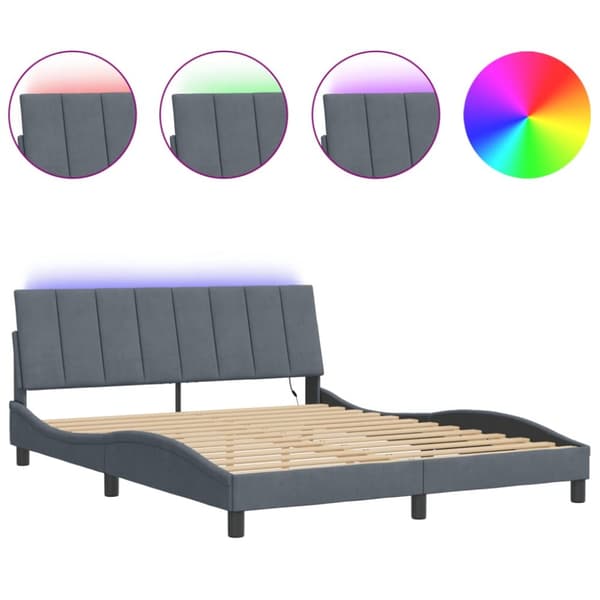 sengeramme med LED-lys 160x200 cm velour mørkegrå