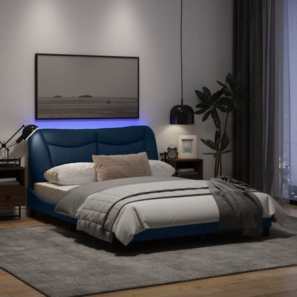sengeramme med LED-lys 140x190 cm stof blå