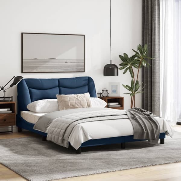 sengeramme med LED-lys 140x190 cm stof blå