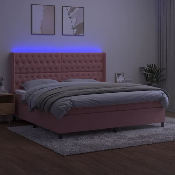 kontinentalseng med LED-lys 200x200 cm fløjl lyserød